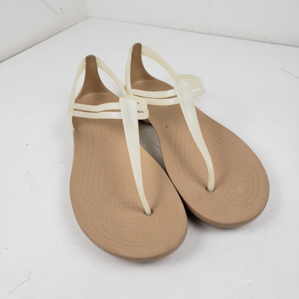Crocs Isabella T-Strap Sandals Womens 10 Tan Cream Strappy Jelly Flats 202467